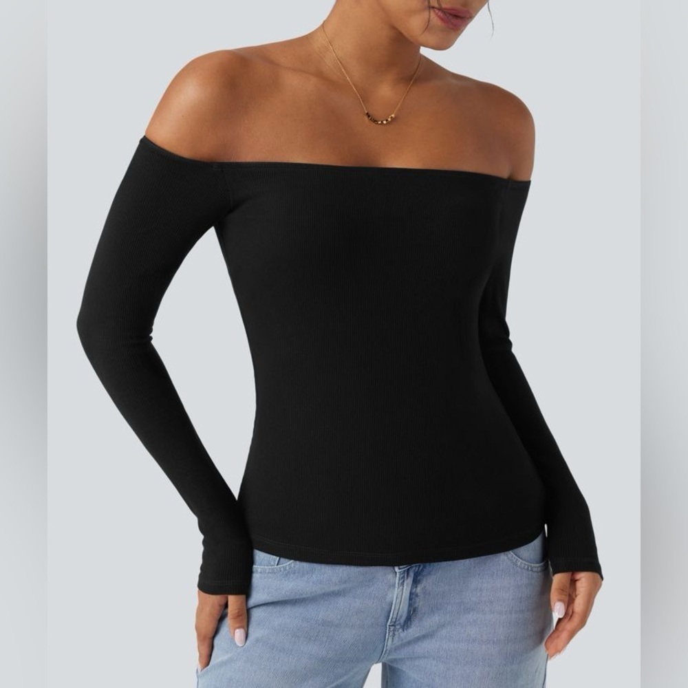 Halara Ribbed Knit Off-Shoulder Long Sleeve 2-in-1 Casual Top NWOT - small
